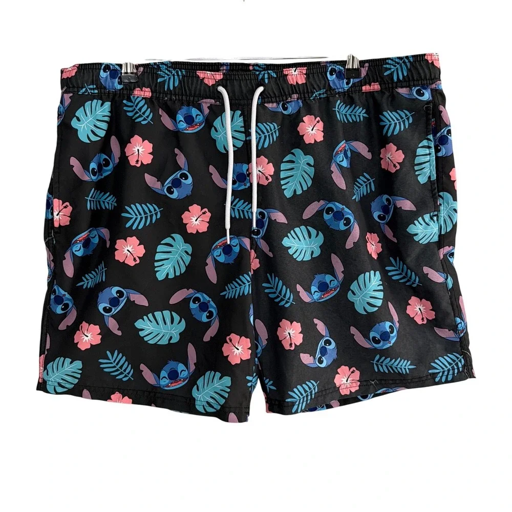 Disney Stitch Men Swim Trunks XL Black Tropical Floral Lilo & Stitch Board Short